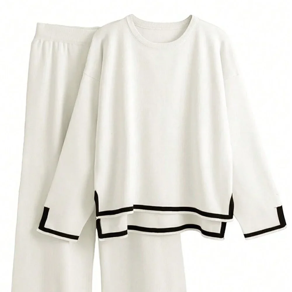 White Casual Women's Daily Color Block Sweater Set